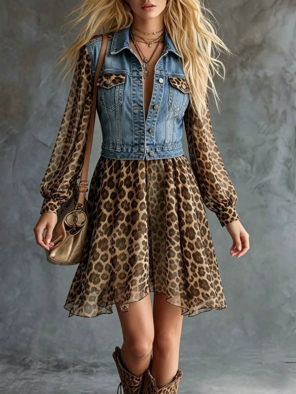 Women's Light Blue Denim-Look Chiffon Patchwork Dress – Long Sleeve Midi Dr